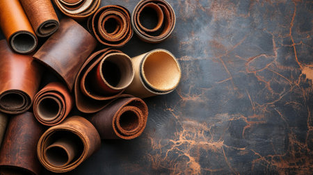 Discover a variety of natural leather textures rolled elegantly, offering a stylish touch and ample creative possibilities on a smooth surface.の素材