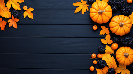 Celebrate the season with vibrant autumn leaves and pumpkins on a dark wood table, ideal for Thanksgiving decor.の素材