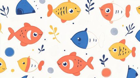 Whimsical cartoon fish swim in a vibrant pattern, showcasing delightful shapes and textures ideal for kids decor and crafts.の素材