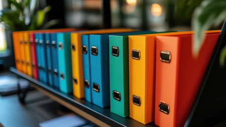 Brightly colored binders and wellordered files on a tidy office shelf create an efficient and stylish environment for work tasks.の素材