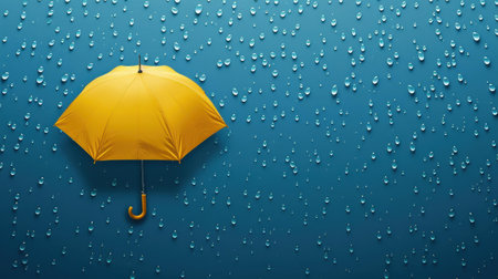 The vibrant yellow umbrella shines amid the gentle rain, creating a cheerful contrast to the gray, wet surroundings.の素材