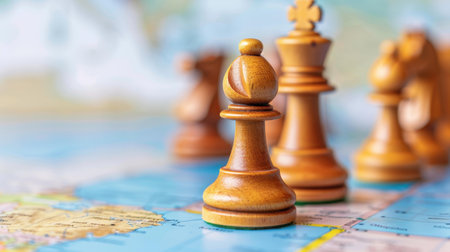 Exploring geopolitics through a chessboard and world map, where every piece represents a nations tactics and strategies.の素材