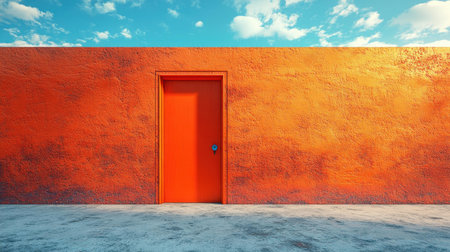Explore the unknown with a bold orange door amidst desert sands, inviting you to discover limitless opportunities ahead.の素材