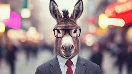 In a playful twist, a suited donkey walks among the crowd, creating a humorous and unique perspective on business life.の素材
