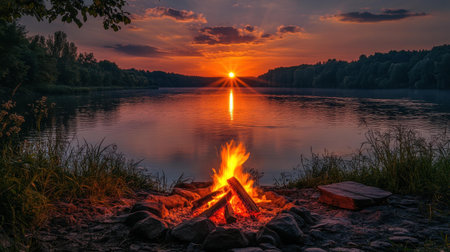 Immerse yourself in natures beauty during a smoky sunset, with reflections dancing on the water in a peaceful forest setting.の素材