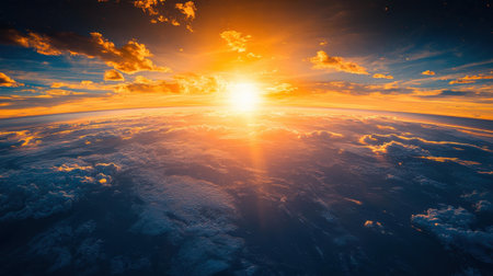 Experience a peaceful morning from above, where the vibrant sunrise and fluffy clouds create a stunning view of our planet.の素材