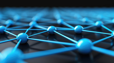 A stunning visual of blue abstract network lines on a dark background, symbolizing connectivity and the flow of information in a digital realm.の素材