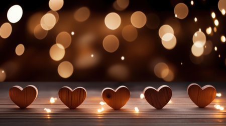 Capture the warmth of love with a wooden table set against a beautiful bokeh hearts background for cozy gatherings.の素材