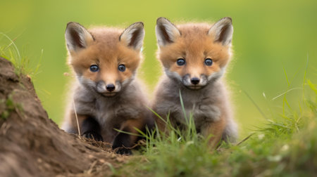 Watch adorable baby foxes frolic in the green grass, their lively antics and loving bonds capturing the essence of nature.の素材