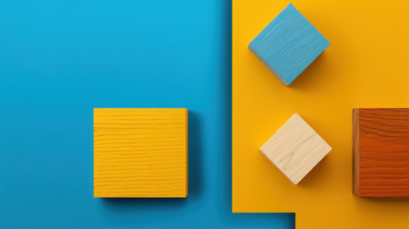 A vibrant arrangement of multicolored wooden blocks showcases playful geometry on a striking yellow and blue canvas.の素材