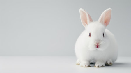 This charming white rabbit on a bright white backdrop offers a delightful Easter vibe, ideal for text and messages.の素材
