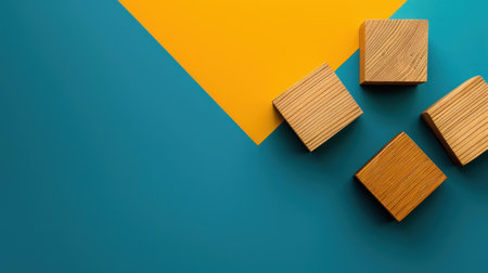 A vibrant arrangement of multicolored wooden blocks showcases playful geometry on a striking yellow and blue canvas.の素材
