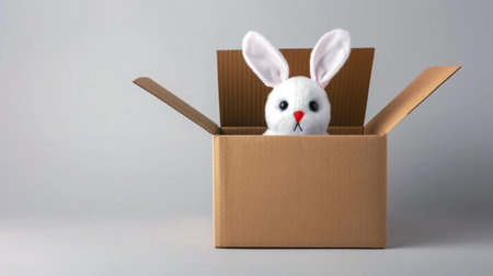 This soft rabbit toy rests beside an open cardboard box, creating a whimsical touch to the minimalist white desk.の素材