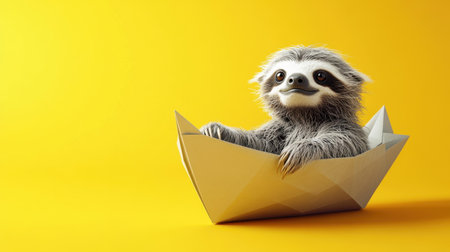 This adorable sloth sits on a paper boat, radiating happiness with a vibrant yellow background in a playful 2D cartoon style.の素材
