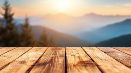 Elevate your product display with a wooden table top on a blurred mountain landscape, blending simplicity with beauty.の素材