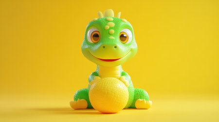 This vibrant 3D cartoon features a joyful baby dinosaur having fun with a colorful ball against a simple, clean background.の素材