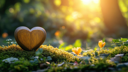 Experience the tranquility of a natural burial in the woods, complete with a closeup of a heart on lush moss in a forest setting.の素材