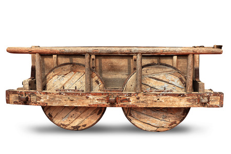 old vintage wooden cart isolated on white.の写真素材