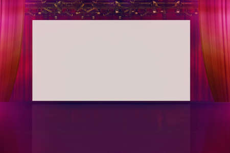 white screen at theater stage background, copy space for text with dark red color curtain stage, empty theater stage with spotlightsの写真素材