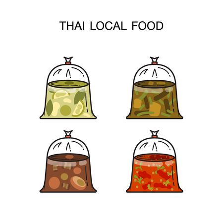 Thai local food. 4 kind of food in hot food plastic bagsのイラスト素材