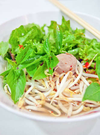 Noodles, beef meatballs with fresh vegetables.の写真素材