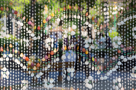 The seashells mobiles with colorful and the green backgroundの写真素材