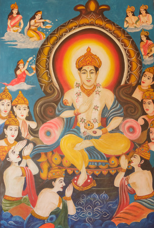 Paintings on the Buddhism in temples of Thailandの写真素材