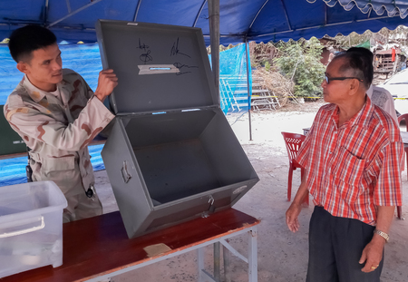Officials from the bureaucracy arranged for the people to choose the headman.Mahasarakham,Thailand,January 29,2017のeditorial素材