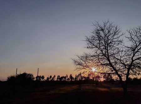 Sunset behind the fieldの写真素材