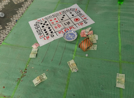 Officers arrested gamblers and dice equipment.Mahasarakham,Thailand,March 18,2017のeditorial素材