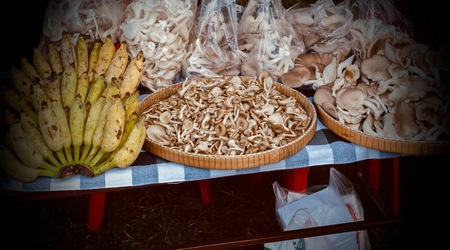 Mushrooms in containers for sale to customers.の写真素材