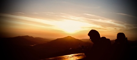 Mother and son to watch the beauty of sunrise.Phetchabun,Thailand,  December 15,2017の写真素材