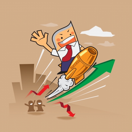 vector business man ride golden rocket concept with stock market red and green arrows negative and positive down, up successful, success concept cartoon のイラスト素材