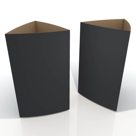 3D matte black & original brown blank paper vertical triangle cards for information on table in isolated background and work parts, clipping paths includedの写真素材