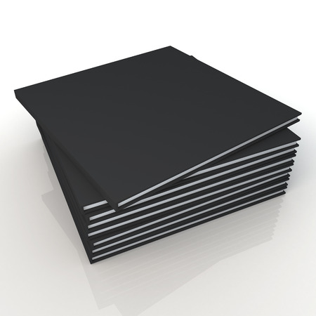 3D blank template matte black cover goods catalogs is on pile and reflection in isolated background with work paths, clipping paths includedの写真素材