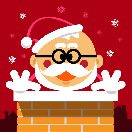 Vector Cartoon Santa Claus in the Chimney on Red Background with Snowflake.のイラスト素材