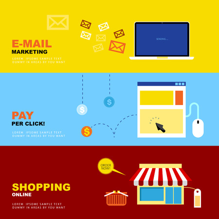 Vector Flat Icons Design about E-Mail Marketing, Pay per Click, Shopping Online. Business Economic Concepts.のイラスト素材