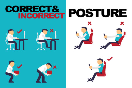 Vector Illustration about Correct and Incorrect Activities Posture in Daily Routine, Working with a Computer, Lifting Weight, Driving a Car, Flat Design.のイラスト素材