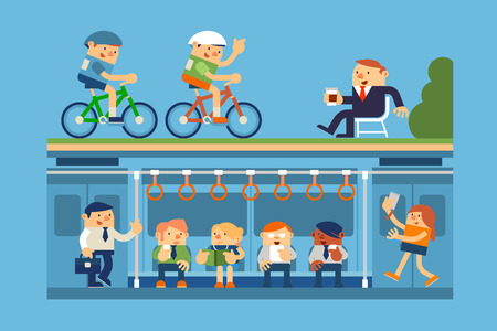 Vector Illustration Business People and Commute to Work by Subway, Metro, and Relaxing in Park, Business Concepts.のイラスト素材