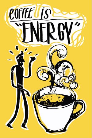 Coffee is energy phases and coffee cup in pop art style poster flat isolated vector illustrationのイラスト素材