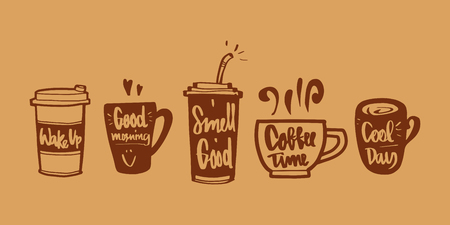 Hand drawn Calligraphy in coffee label set. Wake up, good morning, smell good, coffee time, cool day, coffee or tea icon or logo. Lettering, calligraphy vector illustrationのイラスト素材