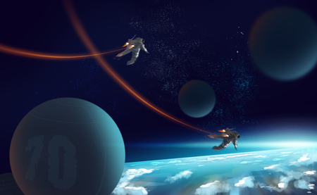 Digital illustration painting 2 astronauts fly by jetpack in outer space above the earth.の写真素材