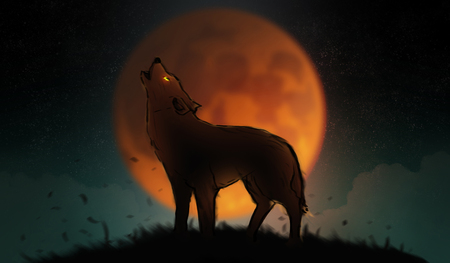 Digital illustration art painting a wolf howling in the wild, big fool moon and clouds is background. terrible, horror lonely, scary, creepy concept.の写真素材