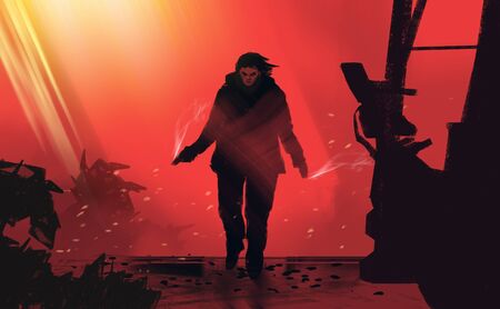 Digital illustration painting design style a man with his gun walking to vengeance, against...