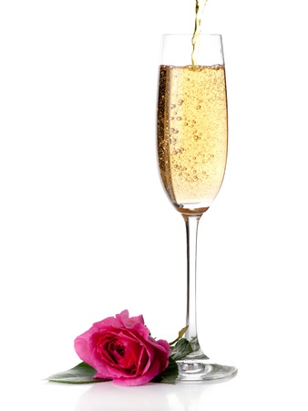 rose and champagne wine isolated on whiteの写真素材