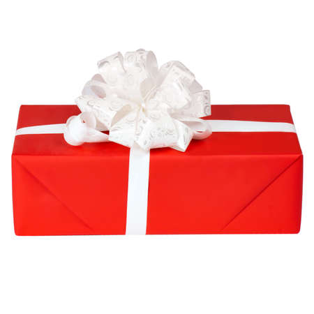 Single red gift box with silver ribbon on white background.の写真素材
