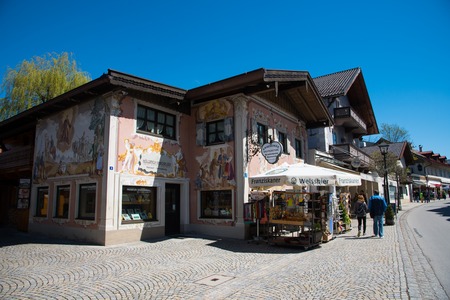 OBERAMMERGAU, GERMANY - MAY 05, 2016: Traditional painted houses of the small village home to the Passion Play every 10 years.のeditorial素材