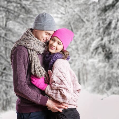 Winter couple. Happy Couple Having Fun Outdoors. Snow. Winter Vacation. Outdoor .の写真素材