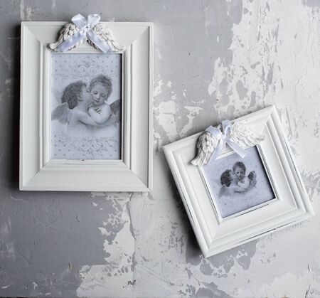Silver vintage photo frame over grunge background, Still life style.の写真素材