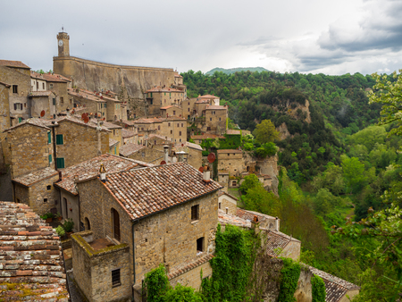 City of Pitigliano in Tuscany, Italy after sunset.の写真素材